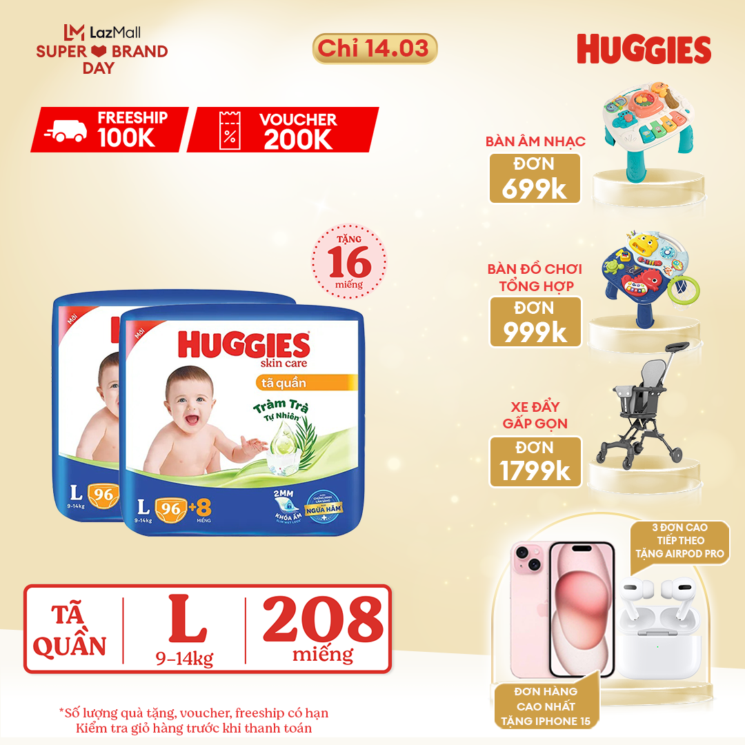 CHỈ 14.3 GIẢM THÊM ĐẾN 120K Combo 2 Gói Tã/bỉm quần HUGGIES SKINCARE MEGA JUMBO size L968 miếng