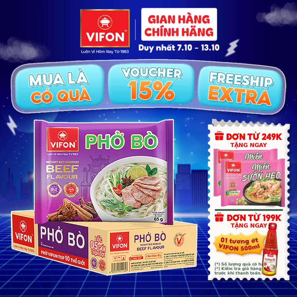 [VOUCHER 15%] Thùng 30 gói Phở VIFON vị Bò / Gà / Chay Rau Nấm  65gr/gói