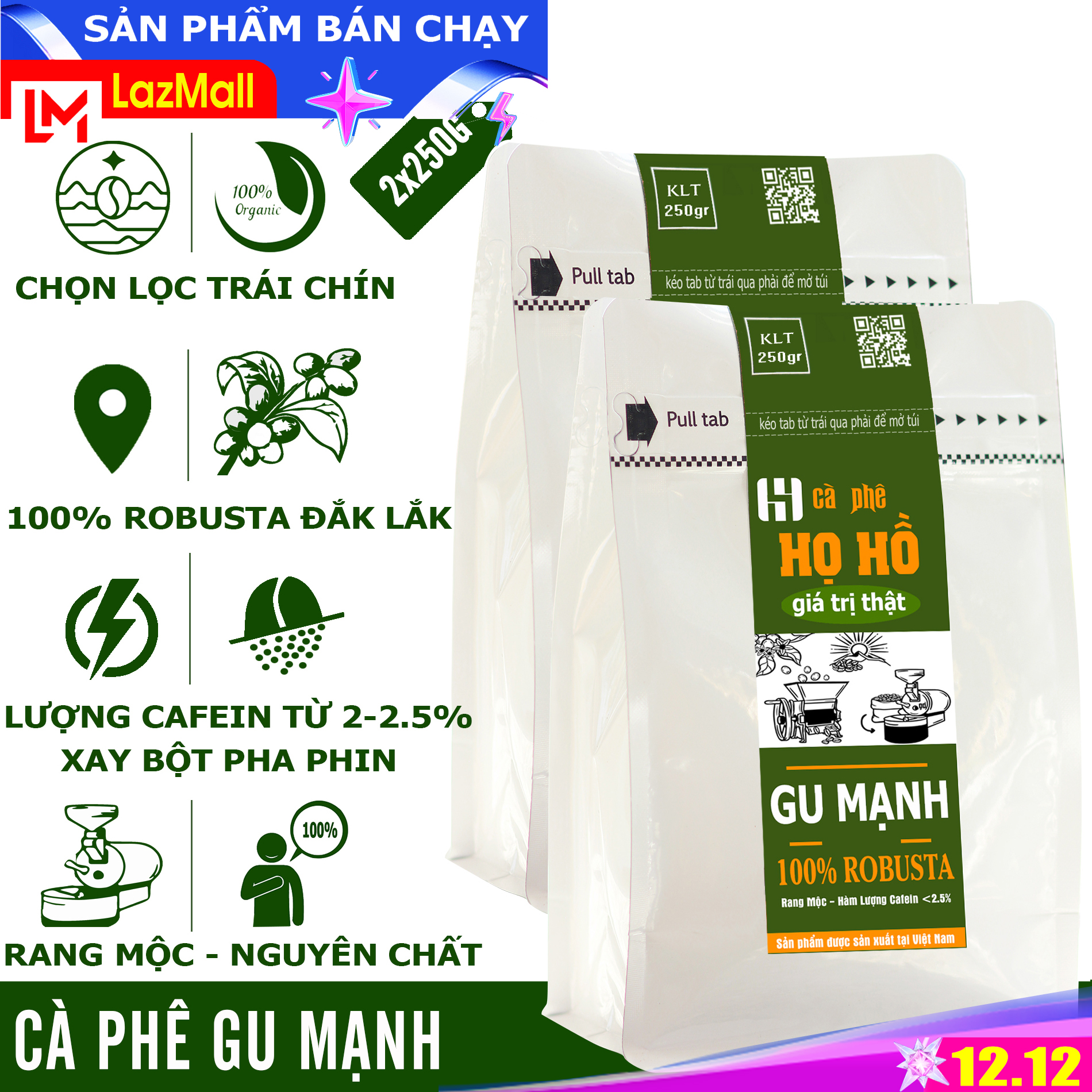 [GU Mạnh] 500g Cà phê rang xay pha phin Gu Mạnh - Bột dùng pha phin - rang mộc nguyên chất - Robusta đậm đắng mạnh mẽ thương hiệu Họ Hồ - 2 gói 250g