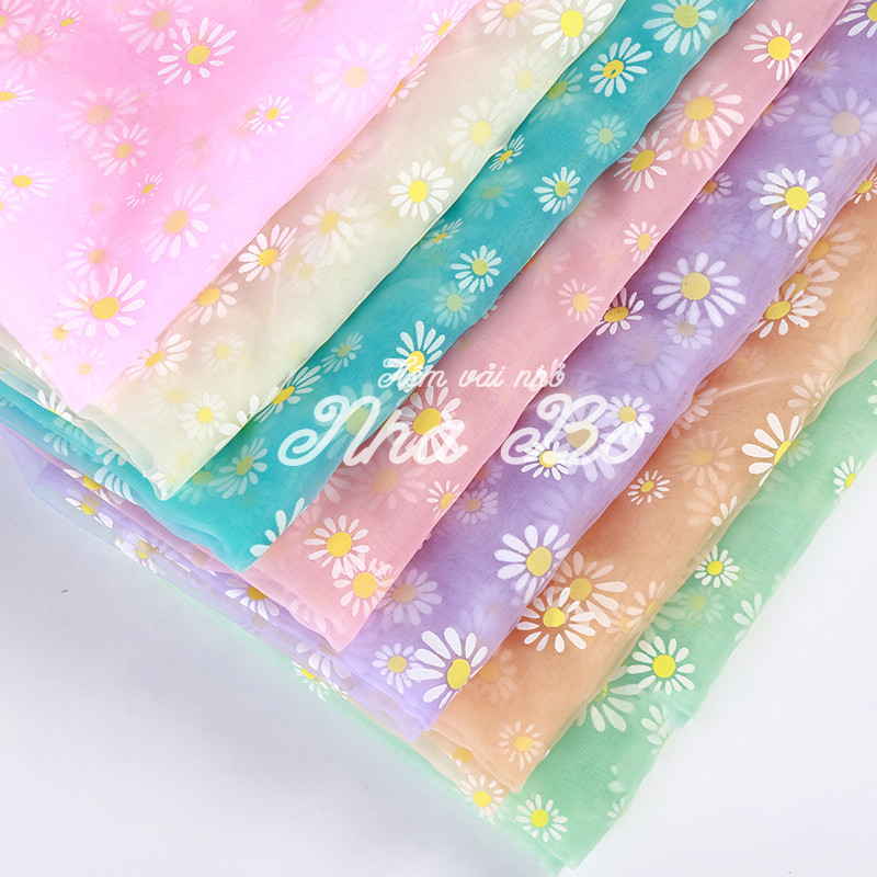 Lẻ = sỉ vải lưới in hoa cúc may váy áo dây buộc tóc srunchies