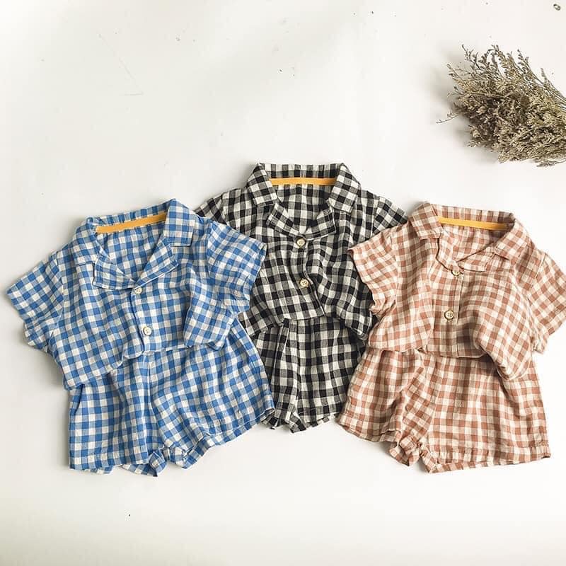 Bộ pijama, kẻ caro cộc tay, phong cách hàn quốc, cho bé size từ 10-25kg