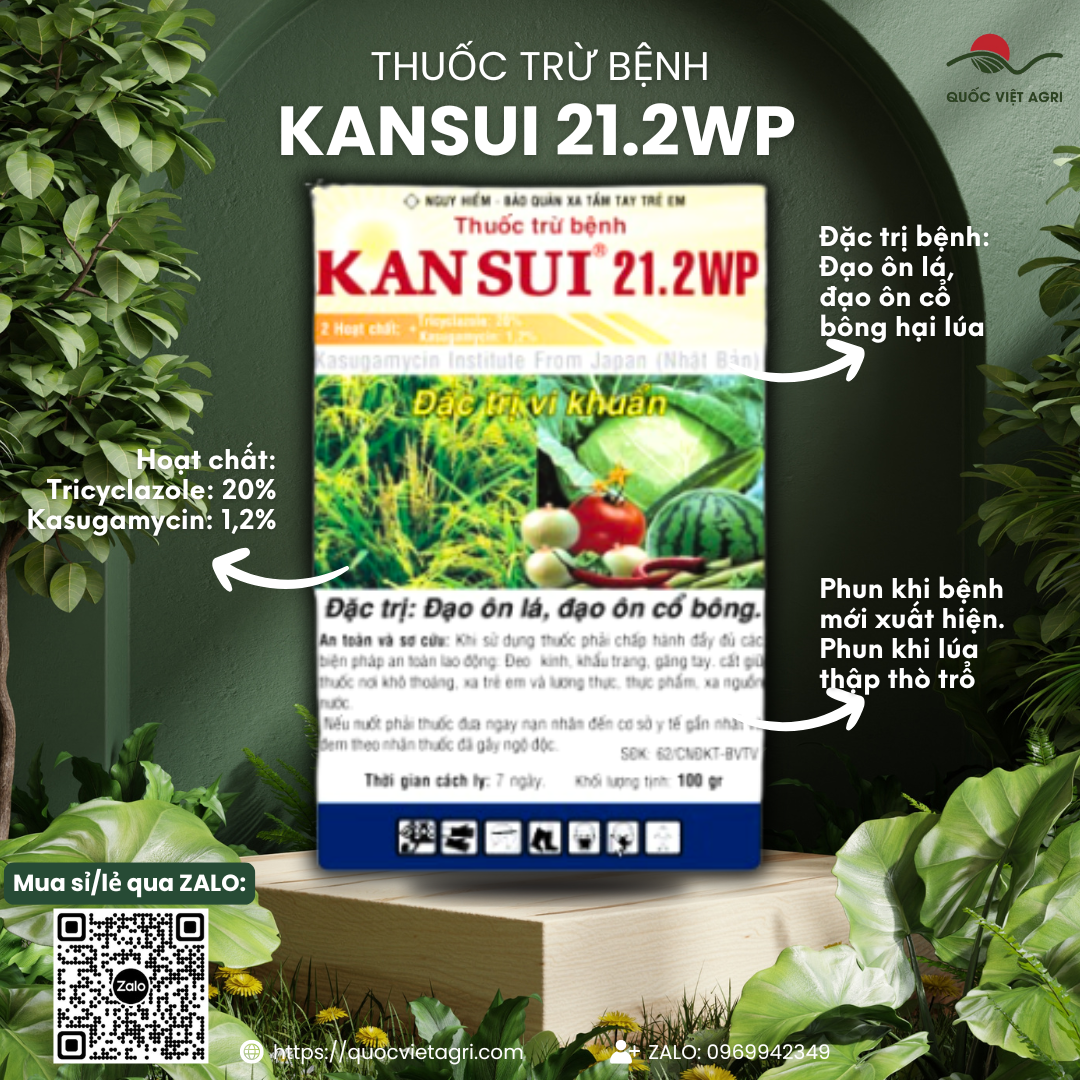  Thuốc trừ bệnh KANSUI 21.2WP  gói 100g  - Tricyclazole 20% + Kasugamycin 1,2% Trừ bệnh nấm và vi khuẩn trên cây trồng 