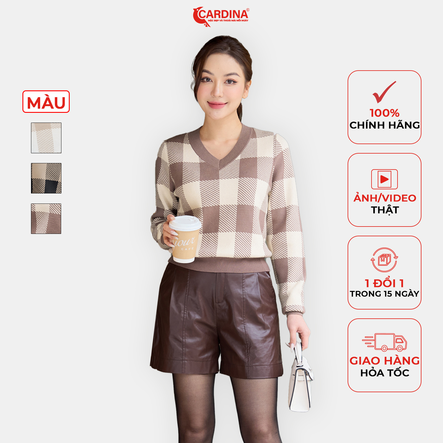 Áo len lông thỏ nữ CARDINA thiết kế cổ tim họa tiết kẻ ô phom dáng trẻ trung màu sắc tươi trẻ 3ALD02