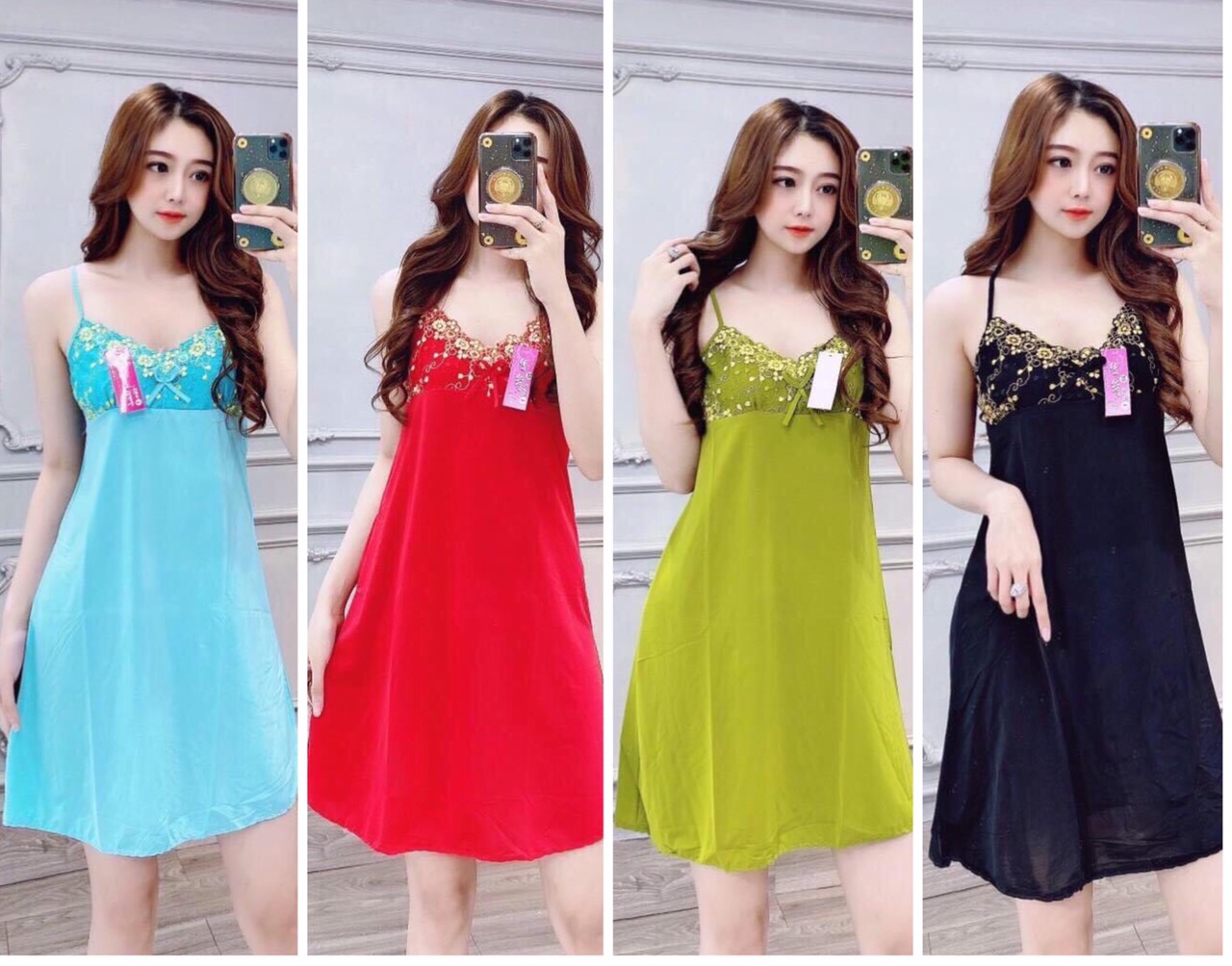 Đầm ngủ thun lạnh 2 dây phối ren size từ 40-75kg