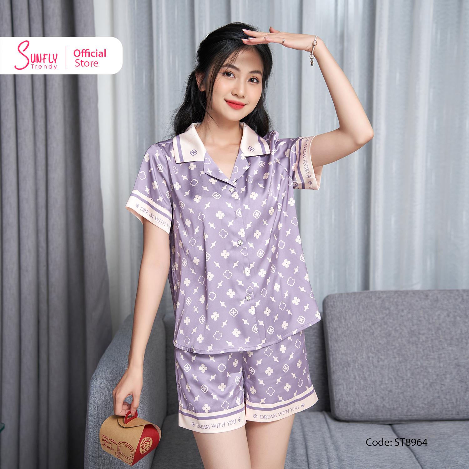Đồ bộ mặc nhà nữ pyjamas lụa sunfly áo cộc quần sooc st8964