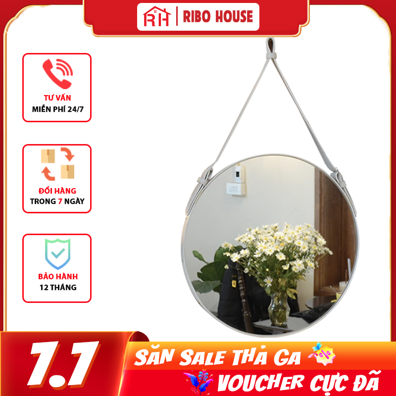 Gương treo tường cao cấp RIBO HOUSE dây da simili mặt kính cường lực đường kính 50cm gương treo tường nội thất màu trắng RIBO107