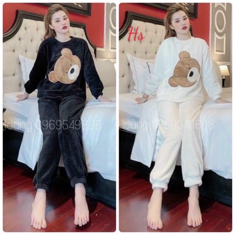 Bộ ngủ in hình gấu Cute tay dài Nỉ 2 màu BlaBloshop
