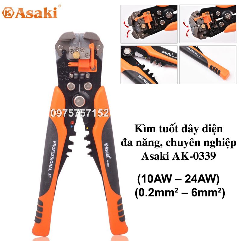 Kìm tuốt dây điện, bấm cos đa năng, tự động Asaki AK-0339