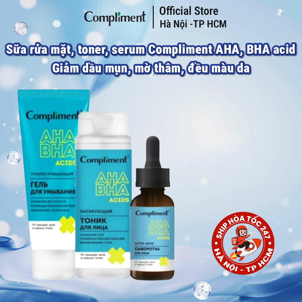 Sữa Rửa Mặt, Toner, Serum Compliment AHA, BHA Acid Giúp Giảm Dầu Mụn, Mờ Thâm, Đều Màu Da
