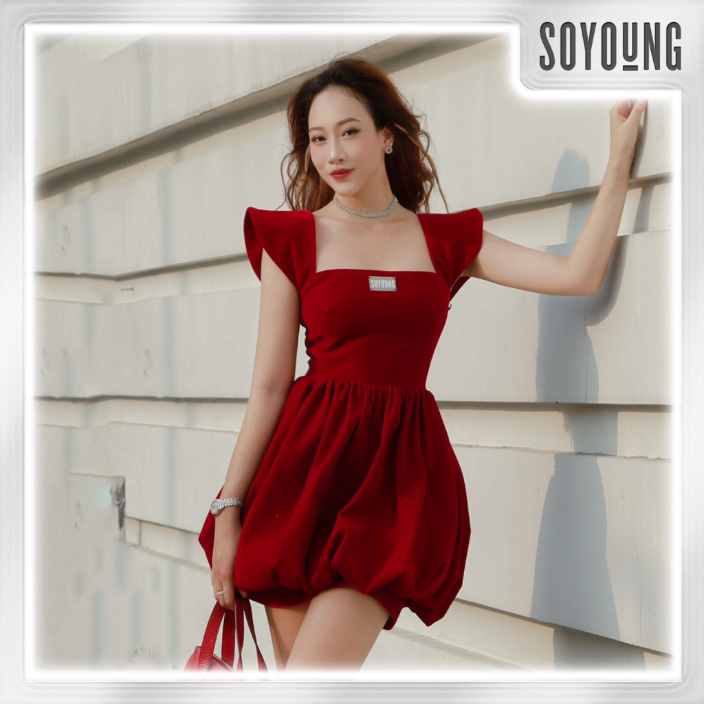 Váy nữ larva dáng a nhung đỏ chân váy bồng xếp ly soyoung - vsy191018nd
