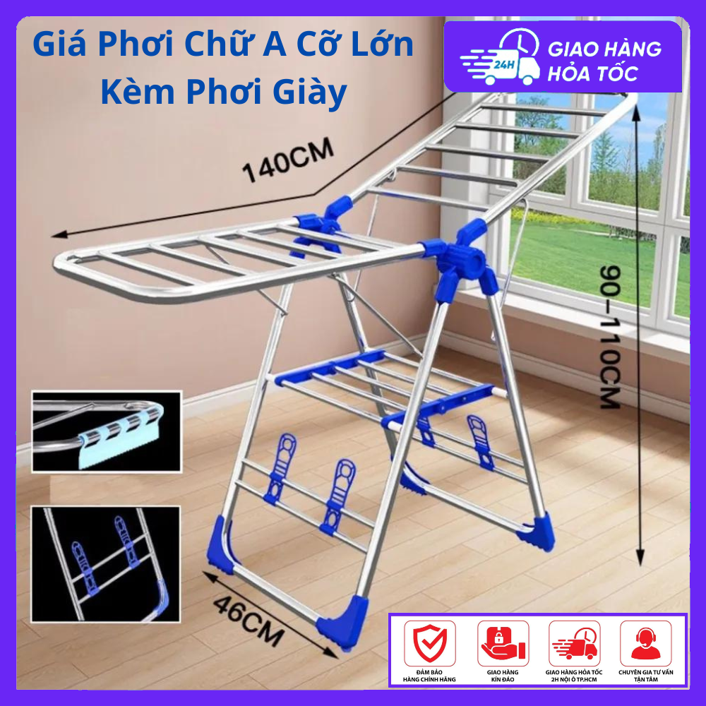 Giàn phơi quần áo chữ A inox cao cấp kiểu dáng Hàn Quốc Kèm Phụ Kiện Phơi Giầy-Túi Xách, Chữ A Gấp Gọn Thông Minh