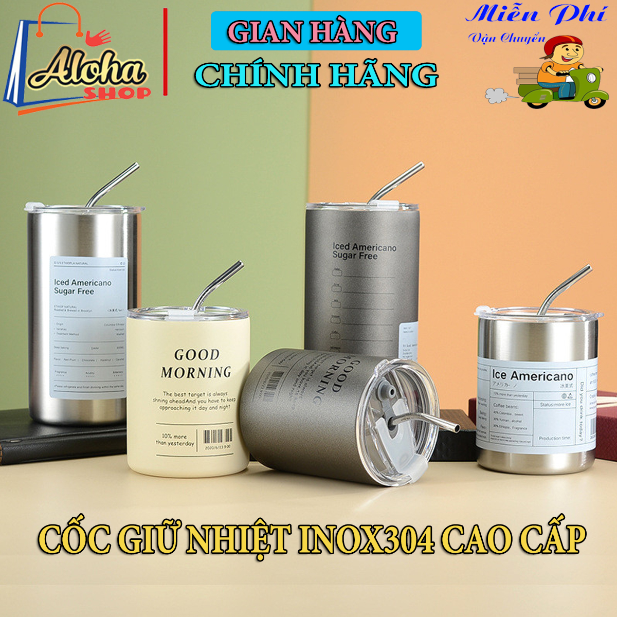 Ly Giữ Nhiệt Inox 304 Iced Americano Cao Cấp, Cốc Giữ Nhiệt Uống Cafe Giữ Nhiệt Dung Tích 300ml và 600ml, Giữ Nhiệt Từ 6-8 Giờ, Ly Giữ Nhiệt Có Ống Hút,  Cốc Giữ Nhiệt Mini, Cốc Giữ Nhiệt Coffee