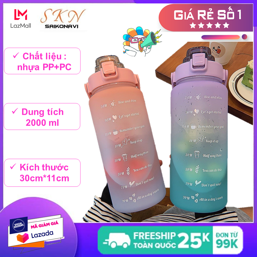 Bình nước 2 lít dành cho người lười uống nước, bình đựng nước 2l dễ thương có vạch báo giờ uống nước tập thể thao, bình đựng nước học sinh, bình nước 2l,bình nước cute có ống hút