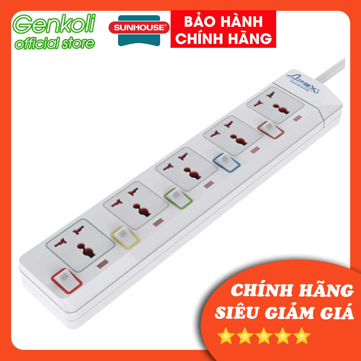 Ổ điện cao cấp apex oc2-5rd , ổ cắm điện 5 lỗ, dây dài 4,5m - bảo hành chính hãng