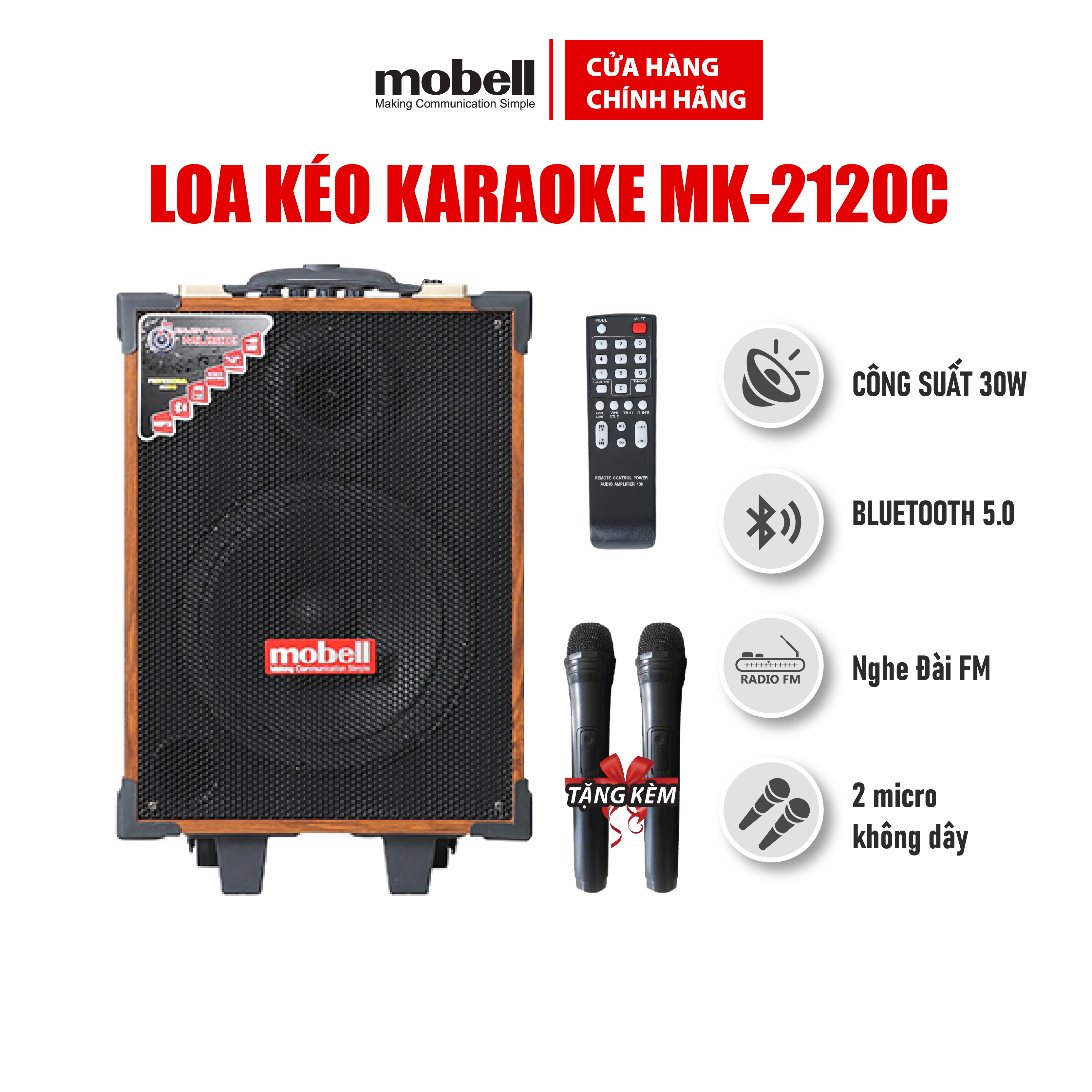 Loa kéo karaoke Mobell  2120-OL di động kết nối không dây  tặng kèm 2 loa công suất 30W