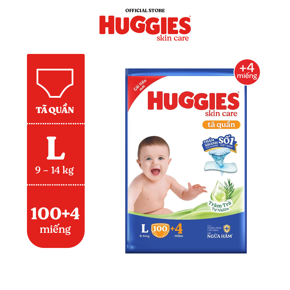 Tã quần Huggies Skincare Mega Jumbo M106/L100+4/XL84+4/XXL76+4 với tràm trà dịu da
