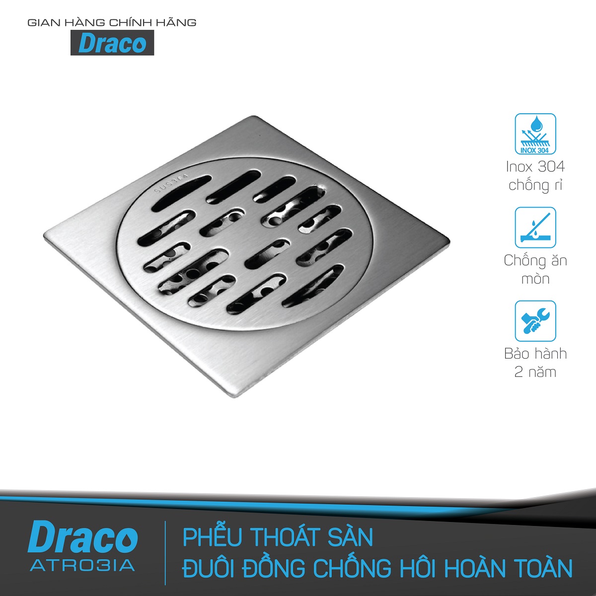 Phễu Thoát Sàn Draco ATR03IB Inox 304 Chống Gỉ Chống Ăn Mòn Đui Đồng Kích Thước 12cm x 12cm- Hàng Chính Hãng