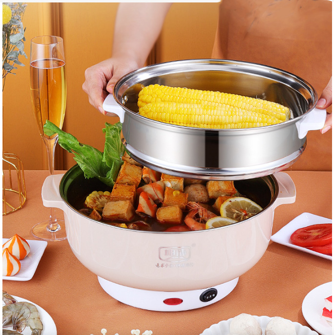 Nồi Lẩu Mini 28 cm, hấp 2 tầng Inox, ca nấu mì, nồi điện đa năng, Nấu Cơm, chiên, hấp_Gọn nhẹ, 2 nấc nhiệt, tặng vỉ