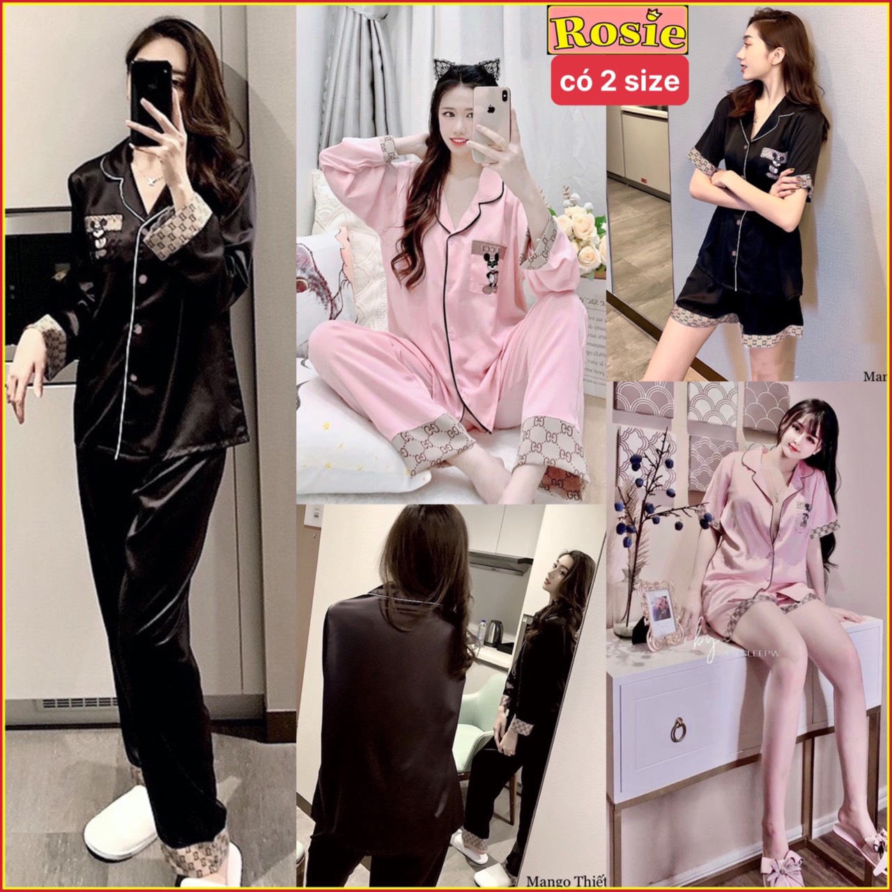 Bộ ngủ lụa mango thiết kế chuột mickeyy viền gu chì sang trọng sang chảnh quý phái ❤️ lụa mềm mại ❤️ rộng to ❤️ đồ ngủ ❤️ nữ ❤️ pijama ❤️ đồ bầu ❤️ sau sinh ❤️ giá rẻ ❤️ big ❤️ đại ❤️ pizama ❤️