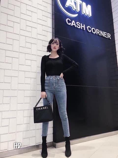 Quần bò jean cạp cao đính 2 khuy đen, xanh
