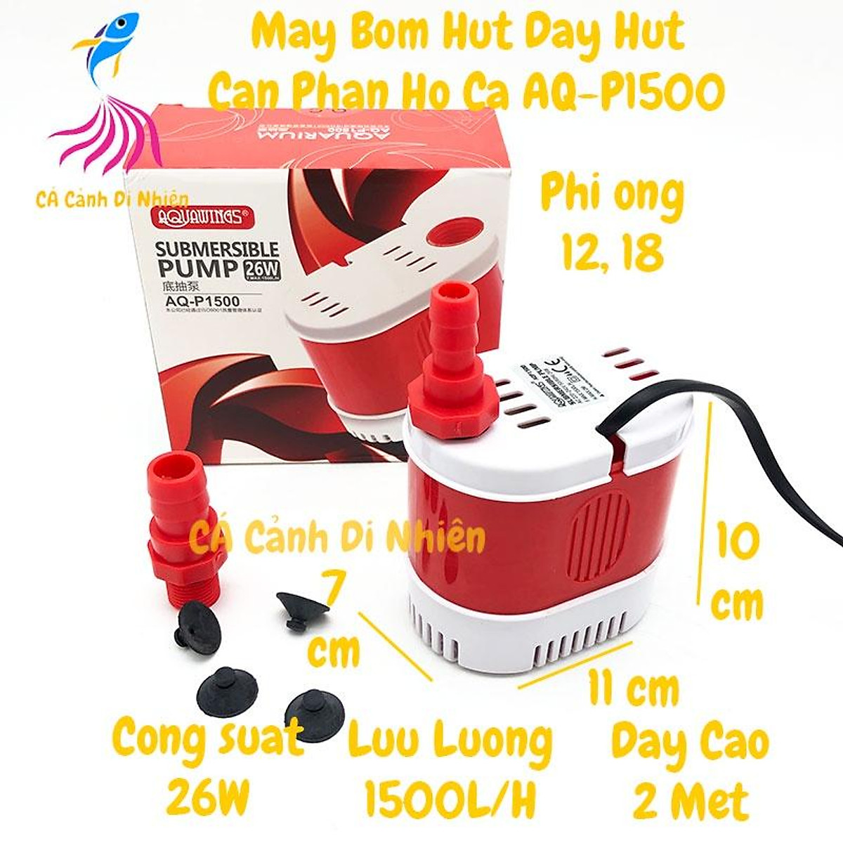 Máy bơm hút đáy aquawings aq-p1500 26w bơm chìm hút cặn 360 độ hồ cá aqp1500