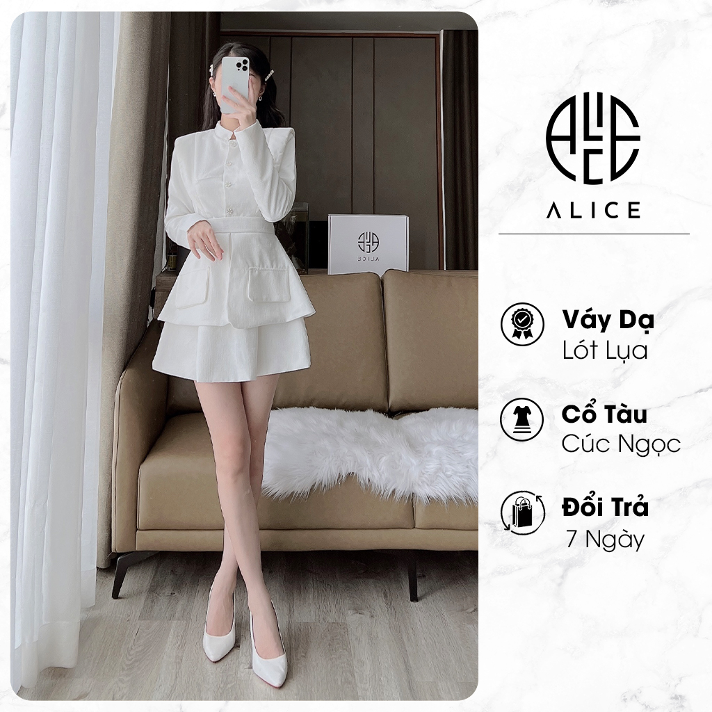 Váy dạ cao cấp cổ tàu cúc ngọc alice chất liệu dạ lót lụa, phong cách công sở, trẻ trung v887