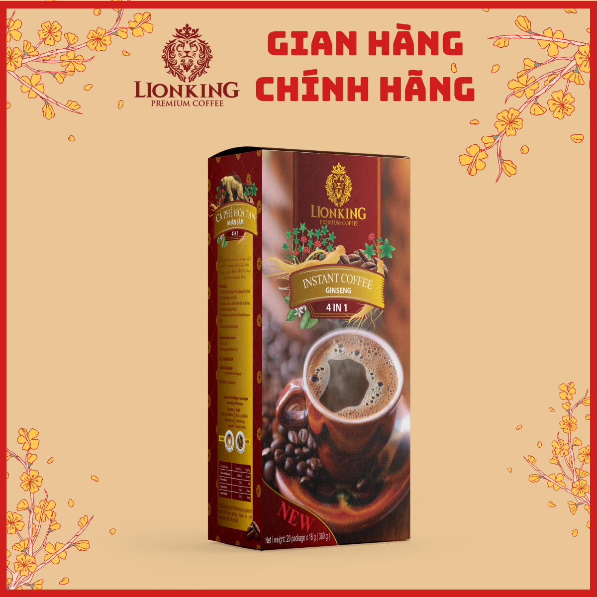 Cà Phê Hoà Tan Nhân Sâm 4in1  - LionKing -  288gr ( 16 que * 18g )