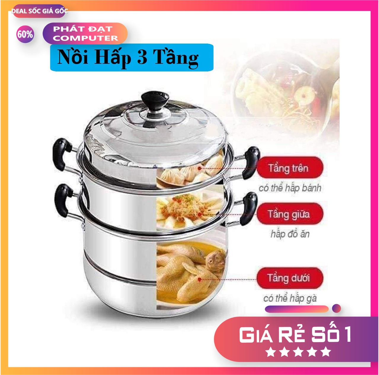 NỒI XỬNG HẤP INOX 3 TẦNG 4 TẦNG HẤP-Nồi hấp 3 tầng đường kính 28cm dùng trên mọi loại bếp, BẾP TỪ , BẾP GA , Nồi hấp xửng hấp kiêm nồi luộc gà Inox 3 tầng-