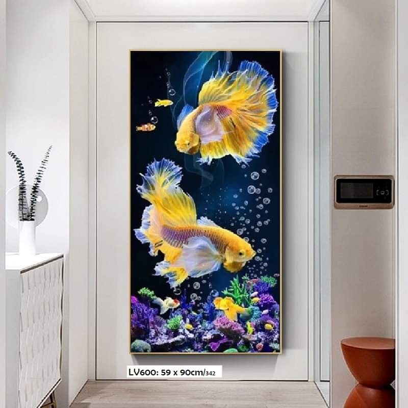 Tranh đính đá - Tranh thêu Đôi Cá Vàng - kích thước: 59x90cm (tranh chưa làm