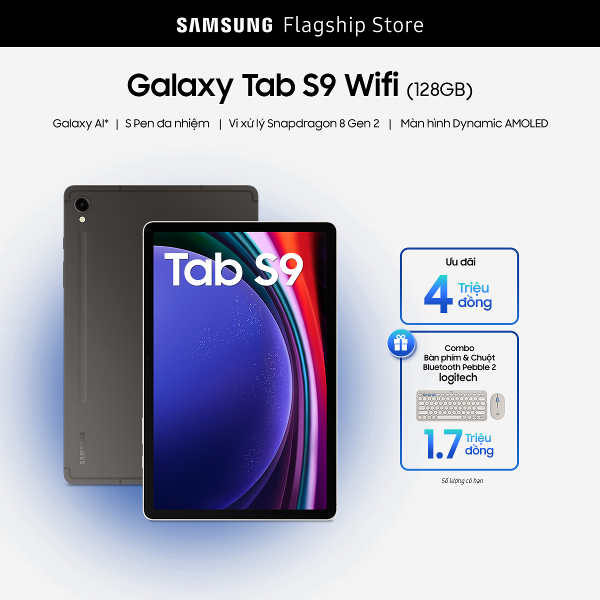 [MEGA SALE TỪ 20H 09.10] [Combo Logitech gồm Bàn phím K380s & Chuột bluetooth Pepple M350s] Máy tính bảng Samsung Galaxy Tab S9 8GB 128GB, Màn hình lớn 11 inch, hỗ trợ S Pen