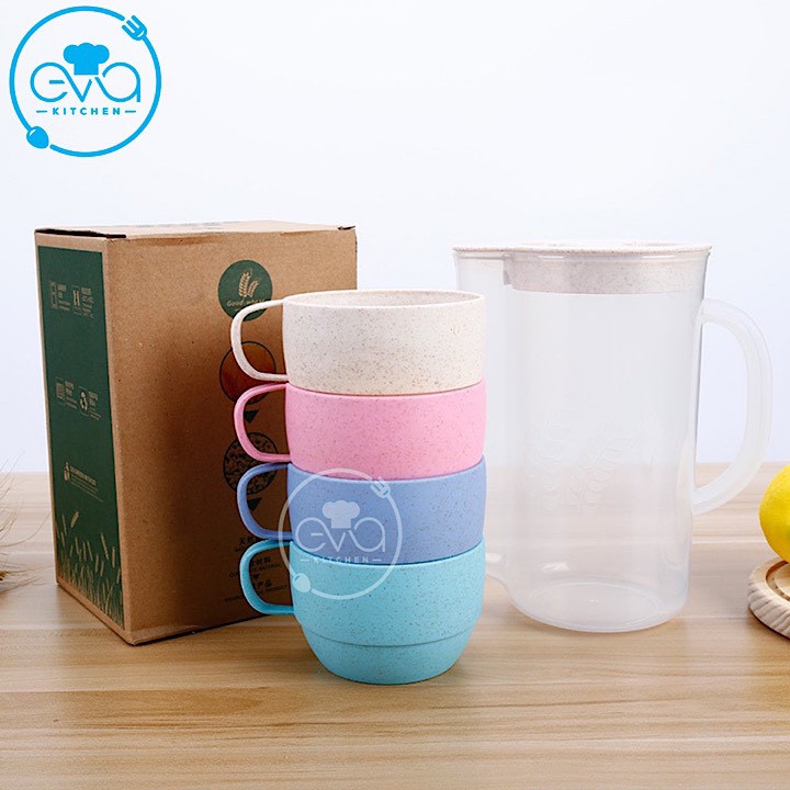 Bộ bình nước kèm 4 ly cốc nhựa lúa mạch tiện dụng