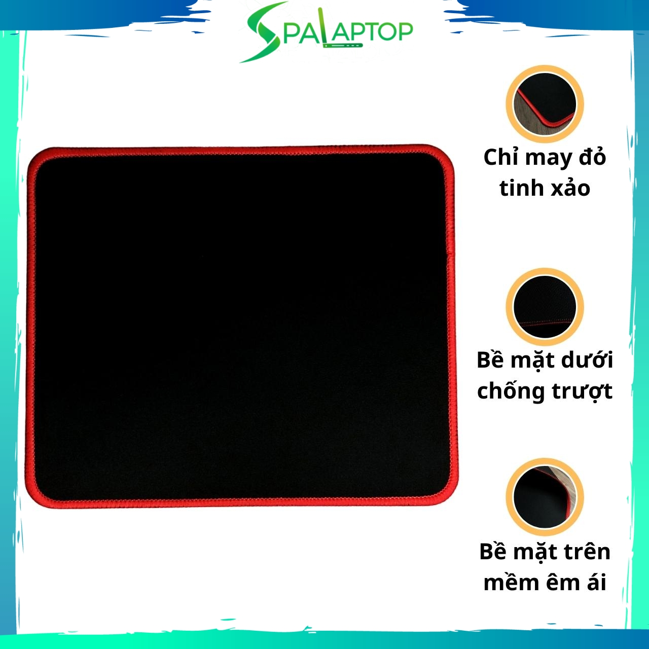 Miếng lót chuột hình chữ nhật màu đen viền đỏ nổi bật, vải dày 2 mặt - Spa Laptop