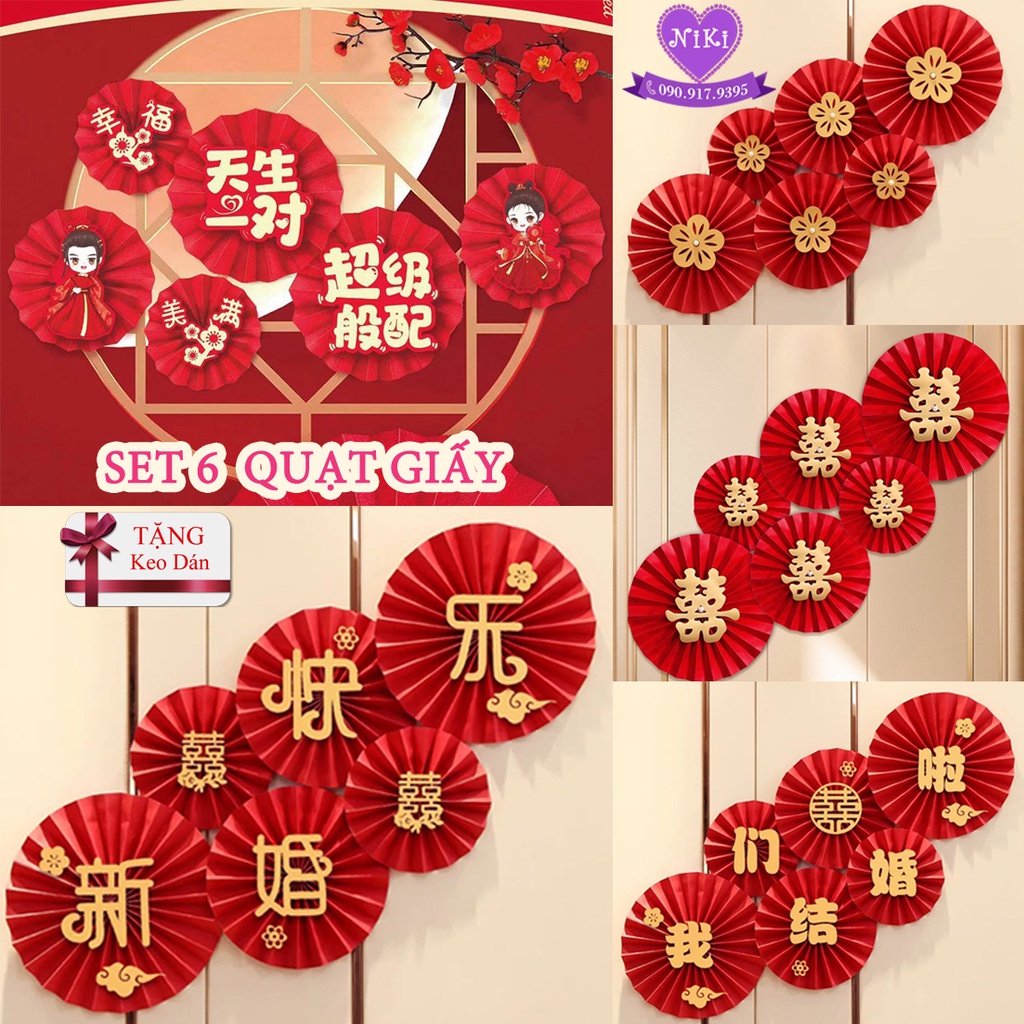 Set 6 quạt xếp bằng giấy in hoa xinh xắn trang trí đám cưới