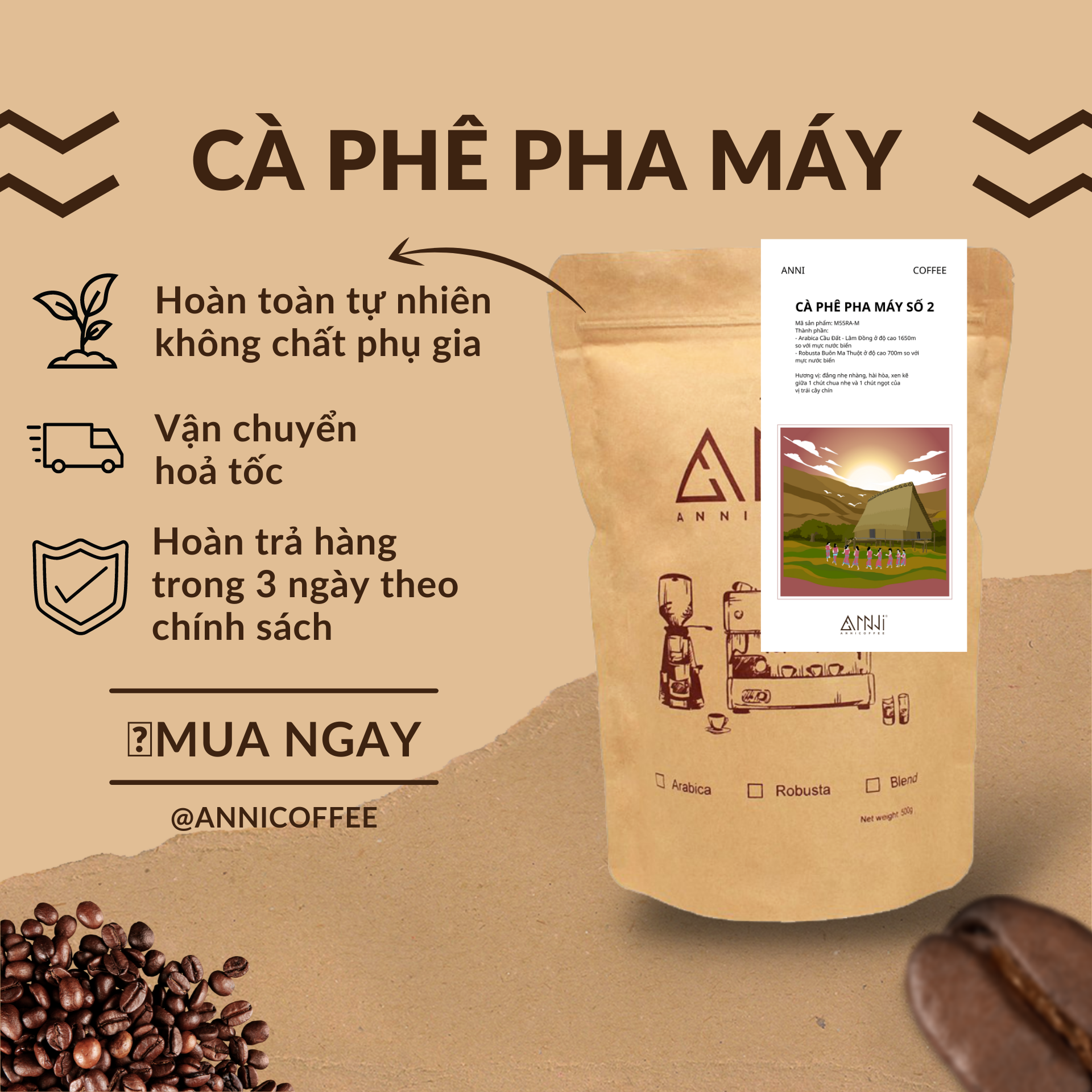 Cà Phê Pha Máy Số 2 Buôn Mê Thuột - Lâm Đồng - ANNI COFFEE - phối trộn tỷ lệ 50% cà phê Robusta trộn với 50% cà phê Arabica