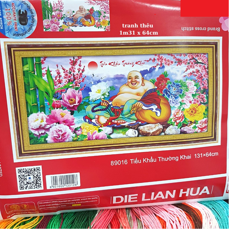 [HCM]Tranh thêu chữ thập Phật Di Lặc tiếu khẩu thường khai 89016 - kích thước 131 * 64