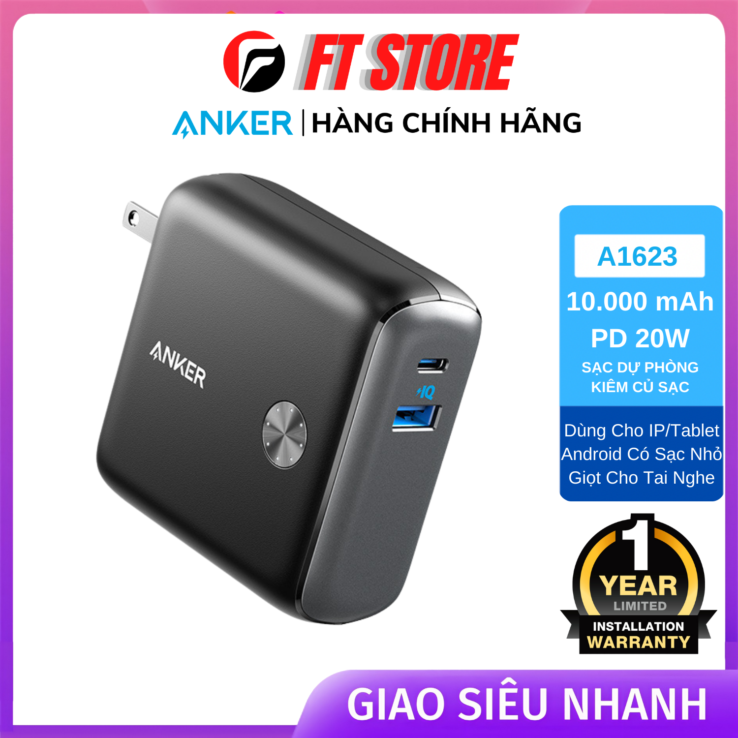 [GIAO HỎA TỐC] Củ Sạc Kiêm Pin Dự Phòng Anker Fusion 10.000mah - A1623, Sạc Nhanh PD20W dành Cho IP,