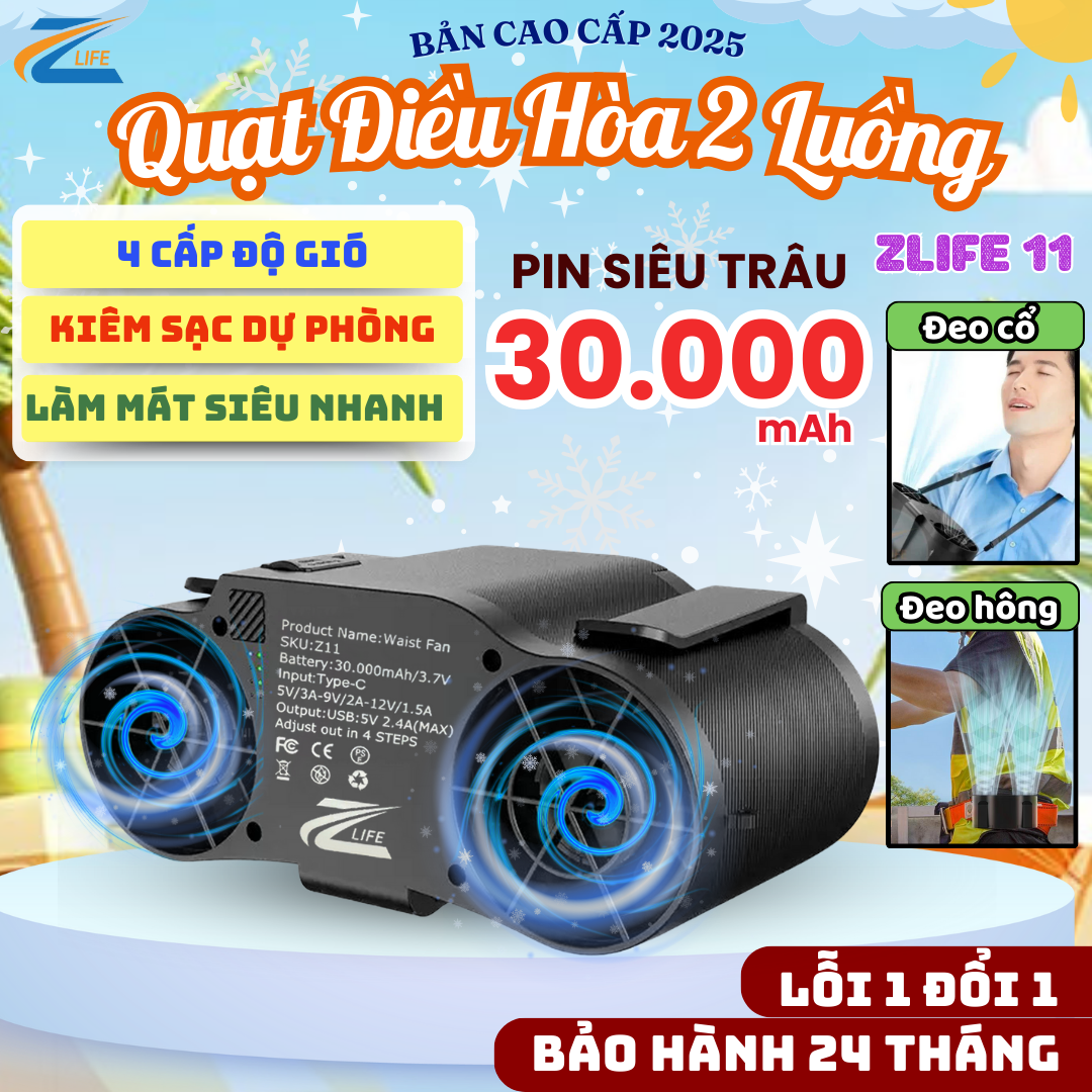 Quạt Đeo Cổ/Thắt Lưng Tích Điện Zlife 30000mAh, 4 Cấp Độ Gió, Sạc USB, Mùa hè mát lanh