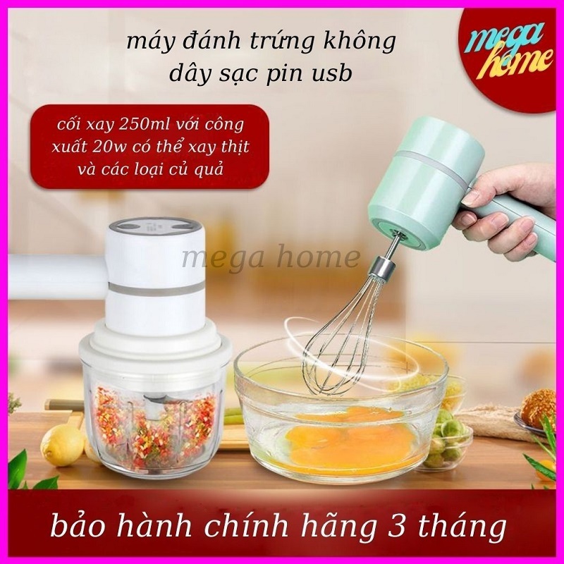 [FREESHIP] Máy Đánh Trứng Cầm Tay Mini Kiêm Máy Xay Thịt Mini Sạc Tích Điện, Xay Tỏi Ớt, Rau Củ Đa Năng