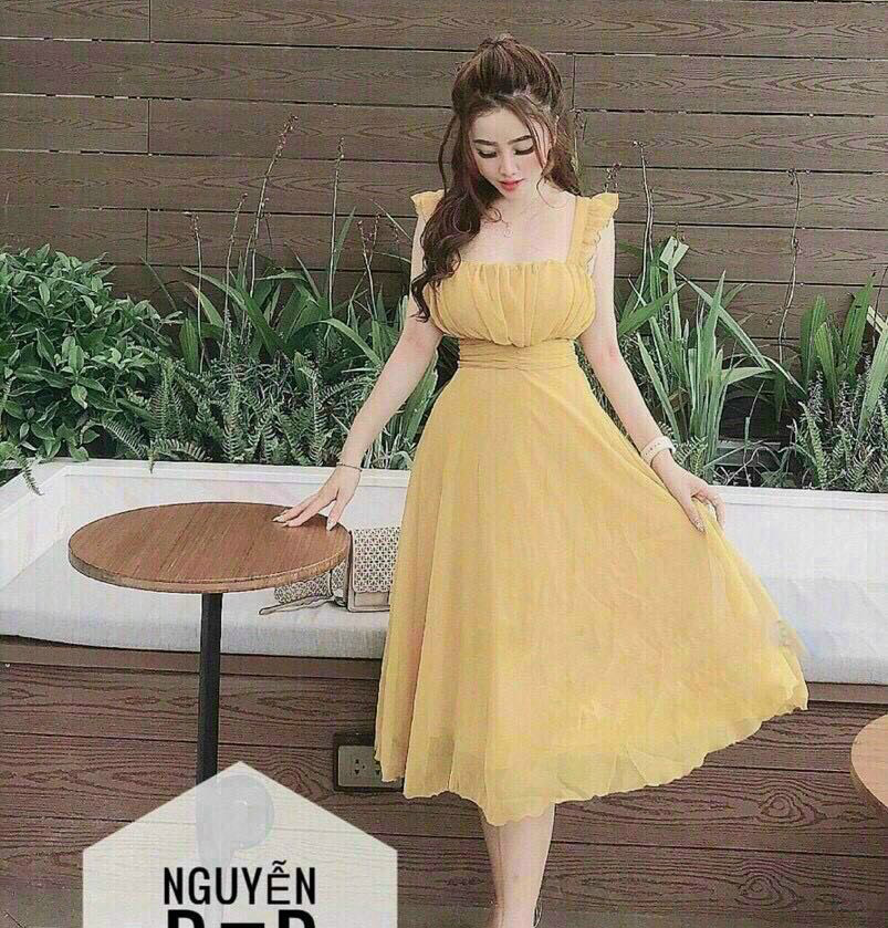 Đầm Váy Nữ Chất Voan Cao Cấp 2 Dây Cổ Vuông Nhún Bèo Ngực Thiết Kế Sang Chảnh Đi Làm Công Sở, Đi Chơi Du Lịch Cực Xinh Đẹp Beta Fashion, Free Size (40-55) Ký Mặc Vừa Nha