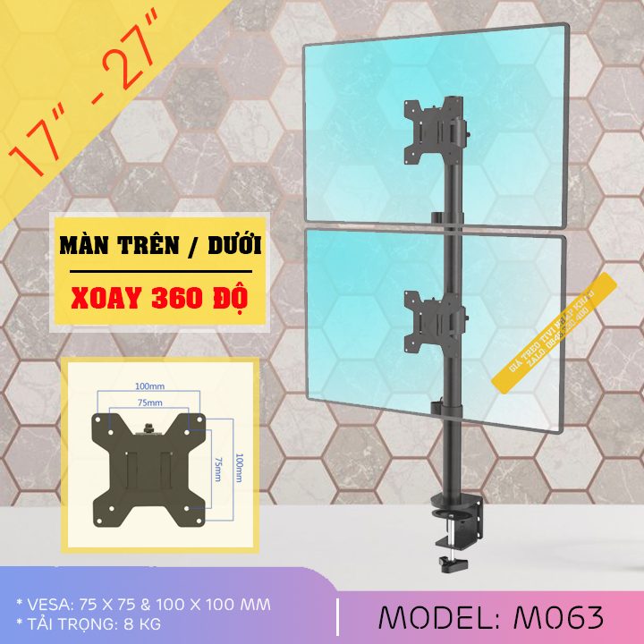 Giá Treo Hai Màn Hình Kẹp Bàn M063 17 – 27 Inch Tay Treo Hai Màn Hình Máy Tính Xếp Màn Trên / Dưới - Xoay Màn 360°