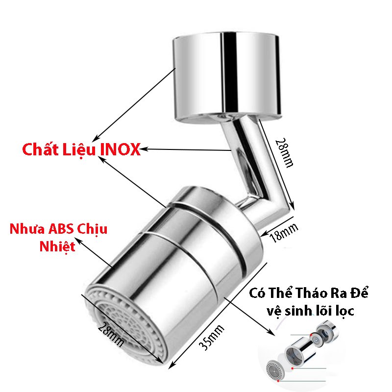 Đầu nối vòi nước chậu rửa bát chén lavabo xoay 720 độ với 2 chế độ nước chảy tiện lợi - V720