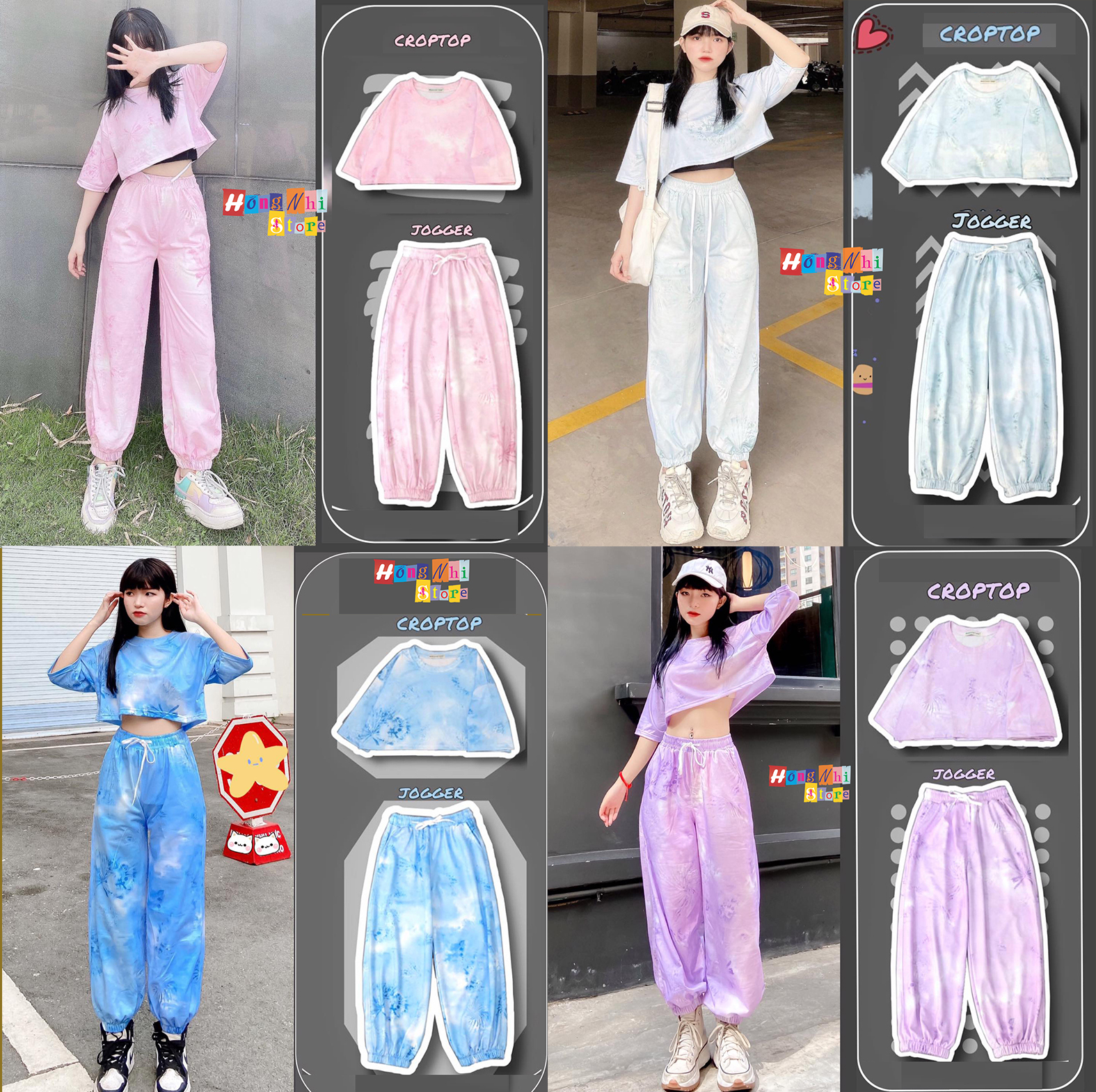 Set Bộ Áo Croptop Loang Màu Tay Lỡ Phối Quần Jogger 3D Ulzzang Dáng Rộng - MM