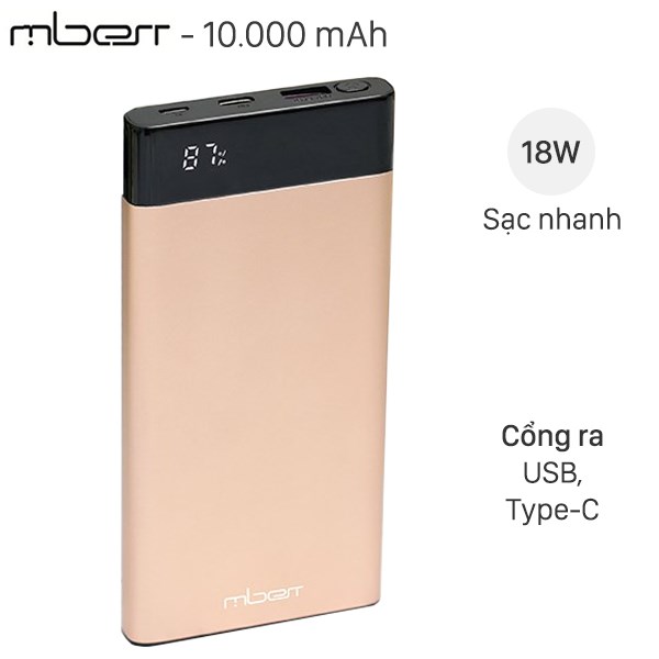 Pin sạc dự phòng polymer 10.000mah type c pd qc3.0 mbest ds506-wb gold