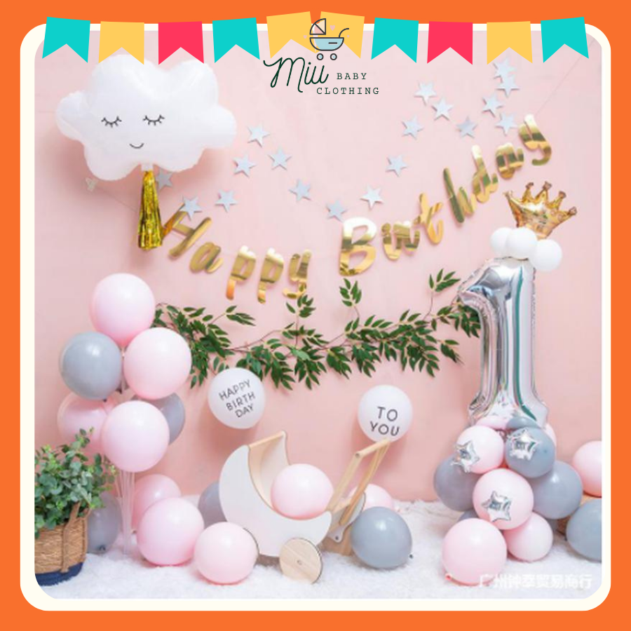 Set bong bóng trang trí sinh nhật cho bé gái , bạn gái màu hồng HPBD xinh xắn torn pastel - Miubabyclothing