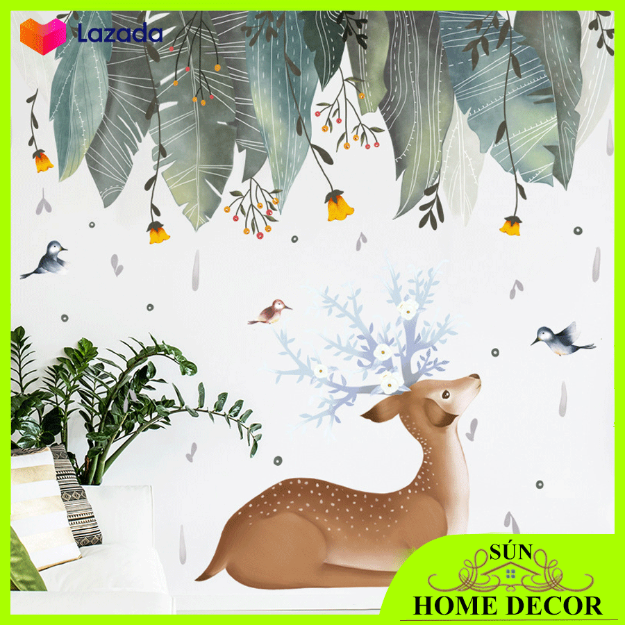 [MẪU ĐẸP] Decal dán tường hình hươu ngắm dàn lá cây hoa rủ cùng chim siêu đẹp, Tranh dán trang trí tường phòng nhà, hàng quán... cực đẹp