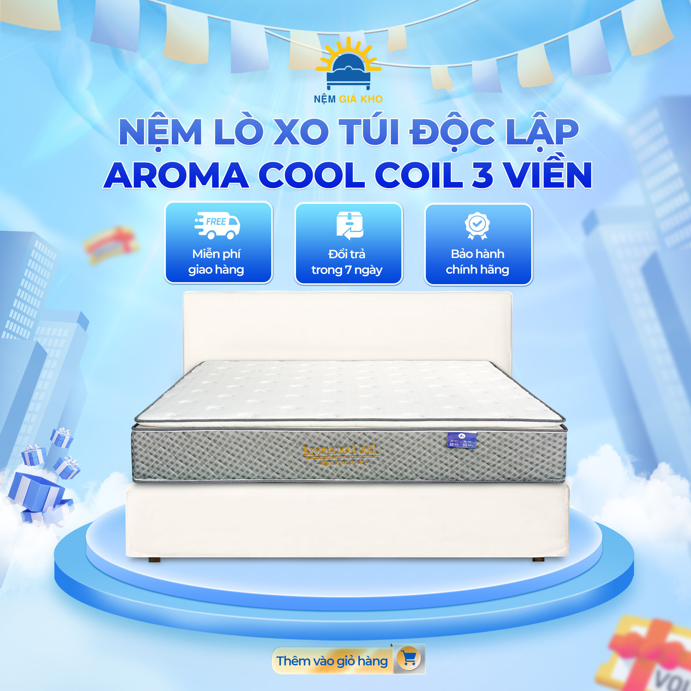 Nệm Lò Xo Túi Aroma Cool Coil 3 viền- Bảo Hành 15 Năm