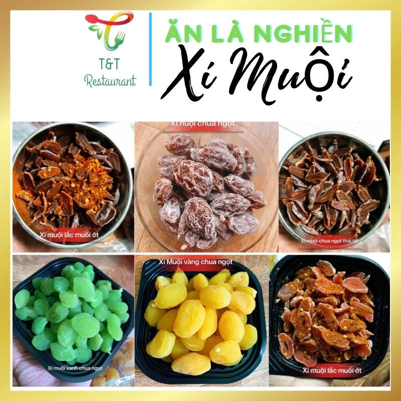 Xí muội không hạt, Xí muội xanh, Xí muội vàng, Xí muội đào đỏ, Xí muội thái lát, Xí muội chua ngọt, Xí muội chua cay