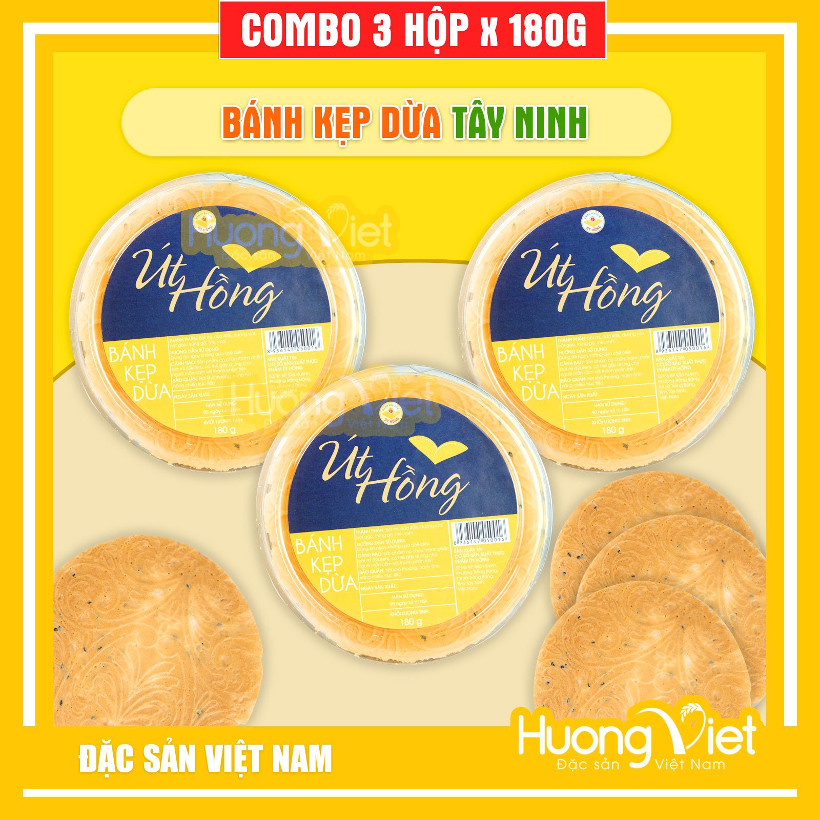 Combo 3 hộp bánh kẹp dừa Út Hồng 180gr, bánh kẹp giòn thơm, đặc sản Tây Ninh