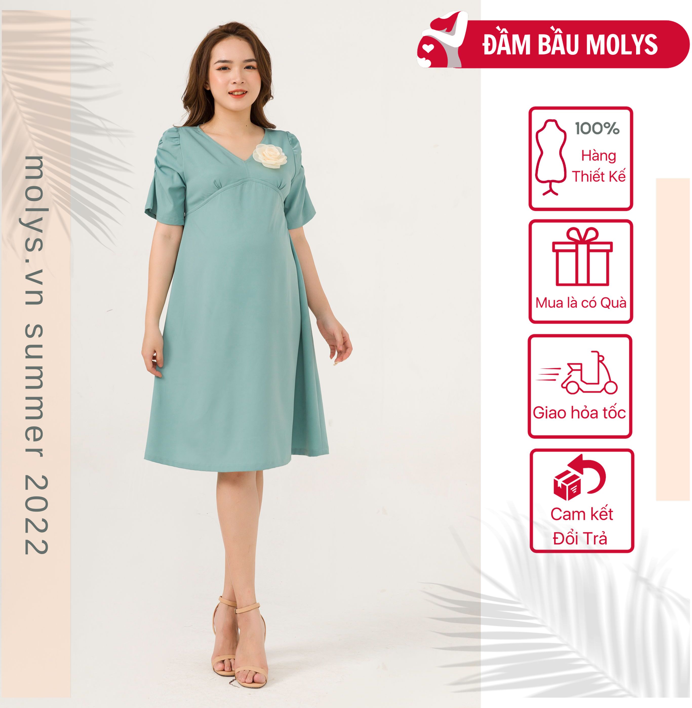 Đầm bầu công sở MOLYS M2238 cổ V tay rúm cách điệu + Tặng kèm hoa voan cao cấp