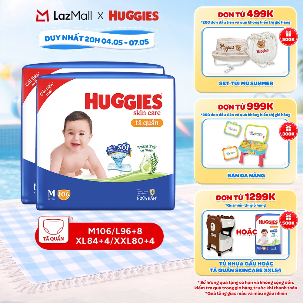 Combo 2 gói Tã/ bỉm quần Huggies Skincare Mega Jumbo M106/L100+4/XL84+4/XXL76+4 với tràm trà dịu da